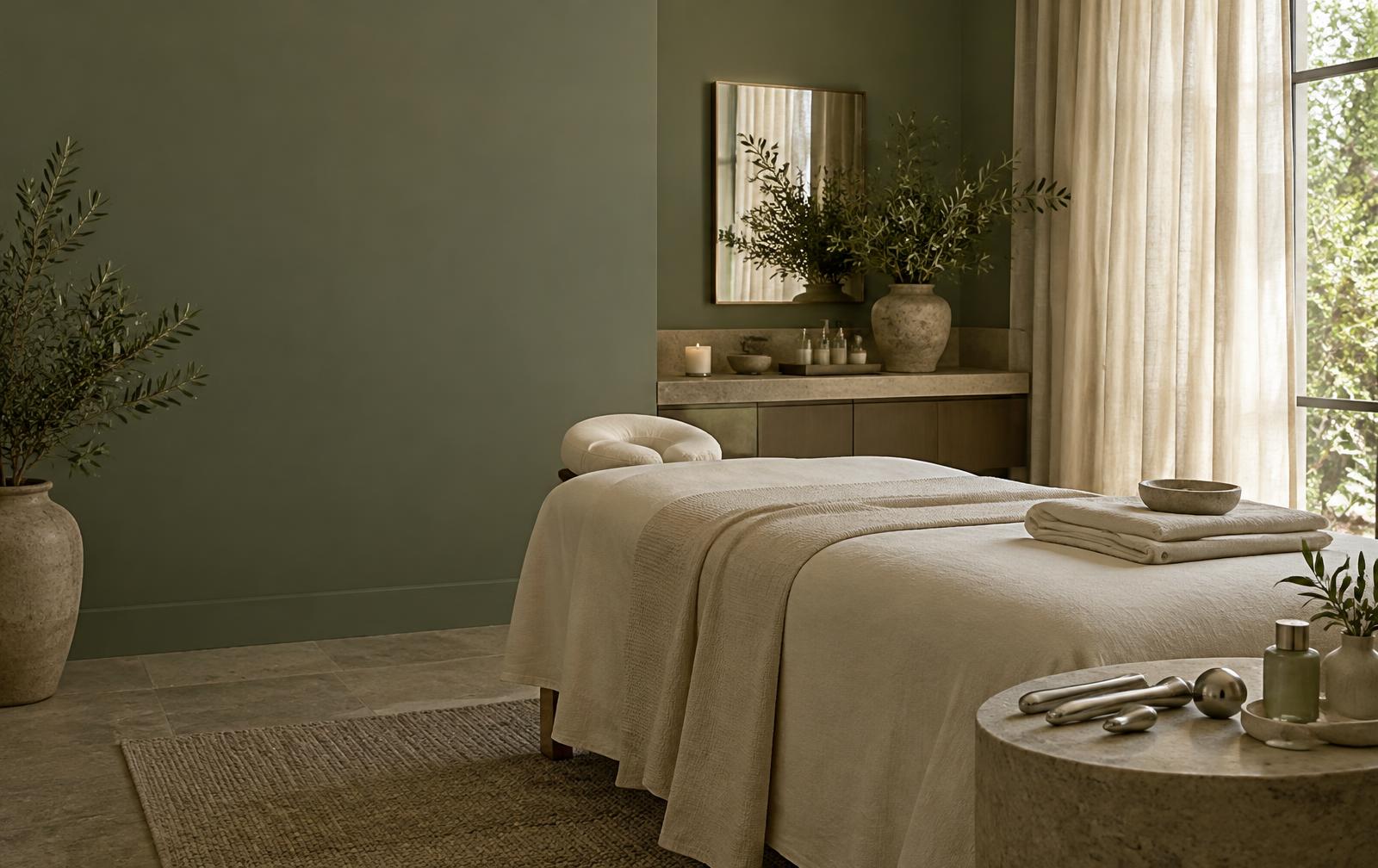 Illustrative treatment room with sage walls, linen-covered massage bed and silver tools